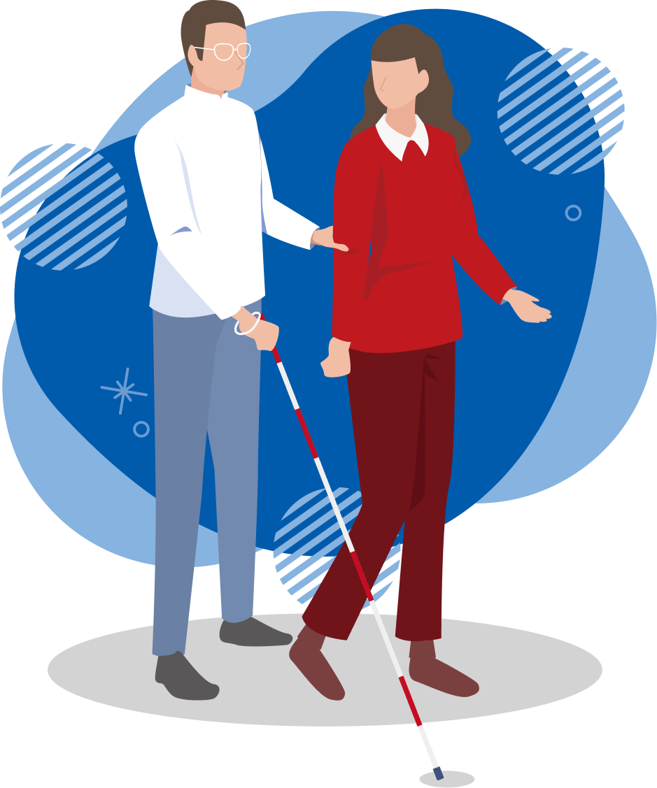 ガイドヘルパーが視覚障がい者の外出を支援しているイラスト